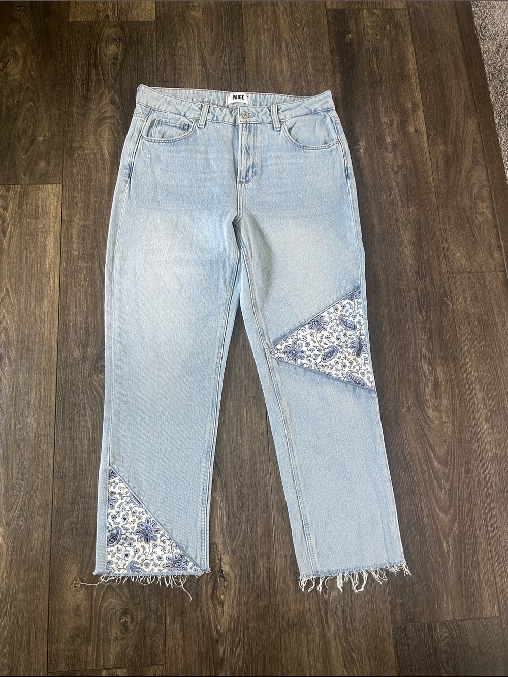 PAIGE Light Blue Straight-Leg Jeans with Blue Floral Patchwork
